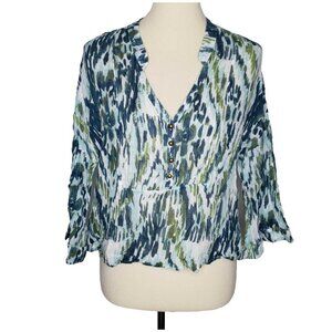 PJK Patterson J Kincaid Green Patternt Light weightBell Sleeve Blouse Sz Small
